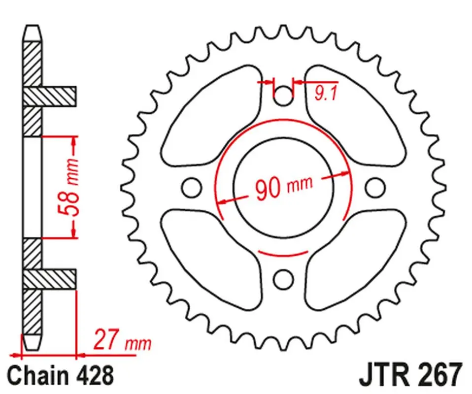 JT zadní řetězové kolečko 267 39 HONDA CD 175 '71-78' (26739JT) (řetěz 428) ( )