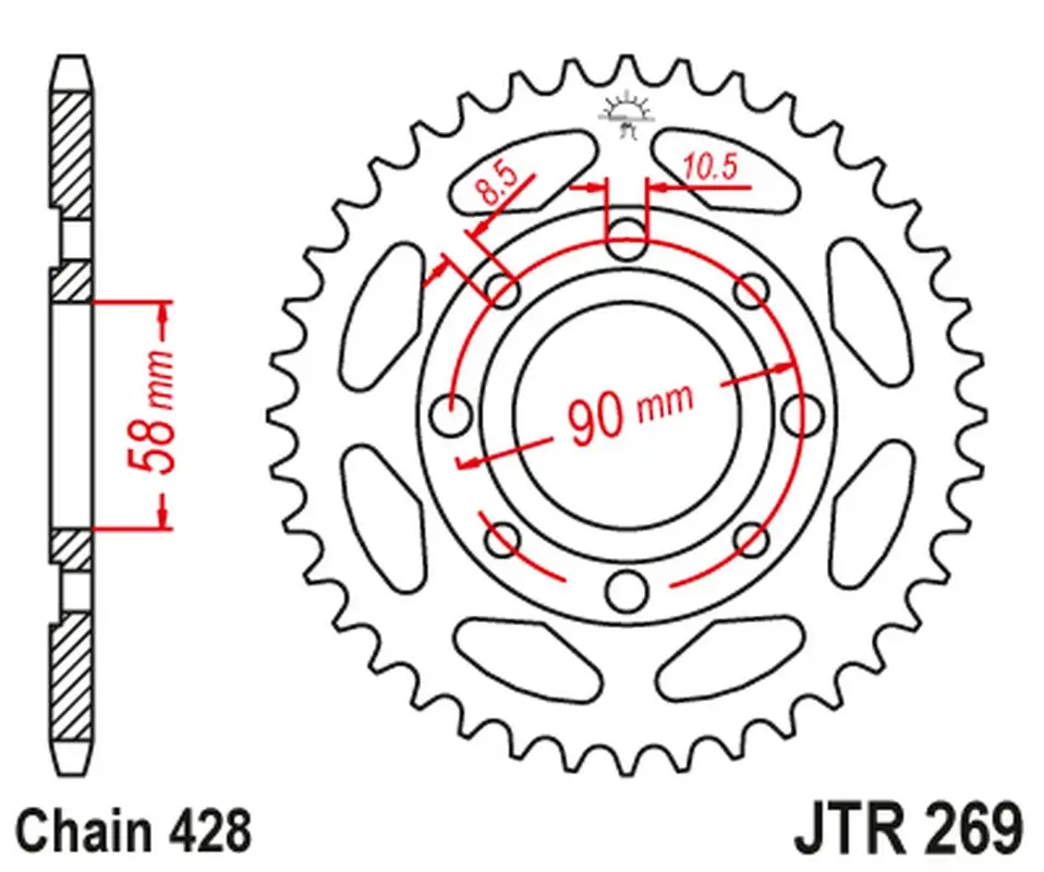 JT zadní řetězové kolečko 269 39 HONDA CG 125 '02-'05, CM 125 '82-'97, CB 125T '82-'88, DAELIM VC 125 '96-'99 (26939JT) (řetěz 428) (JT zadní)