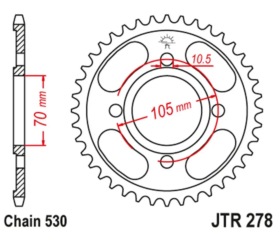 JT zadní řetězové kolečko 278 38 HONDA CB 250 '73-77',CJ 250 '76-79', CB 360/400 '75-79' (27838JT) (řetěz 530) (JT zadní řetězové kolečko 278 38)