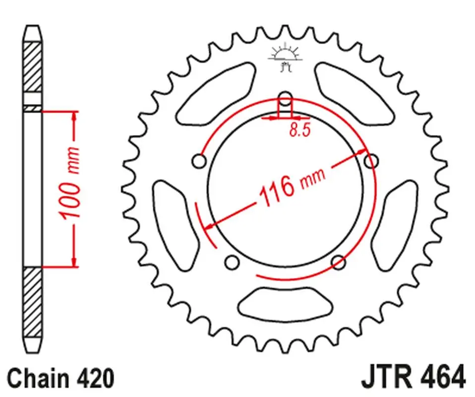 JT zadní řetězové kolečko 464 44 KAWASAKI KX 60 '83-03', KX 80 '83-85' (46444JT) (řetěz 420) (JT zadní řetězové kolečko 464 44 KAWASAKI KX 60)