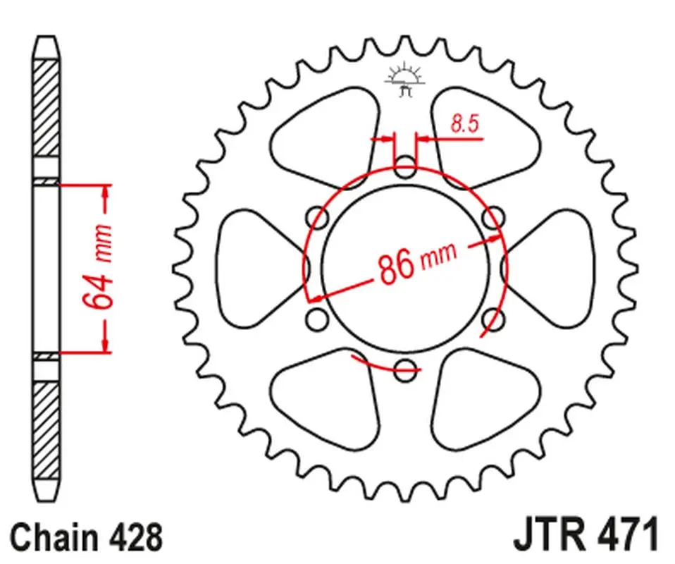 JT zadní řetězové kolečko 471 45 KAWASAKI KE 125 '76-87', KE 175 '76-78' (47145JT) (řetěz 428) na objednávku (JT zadní řetězové kolečko 471 45)