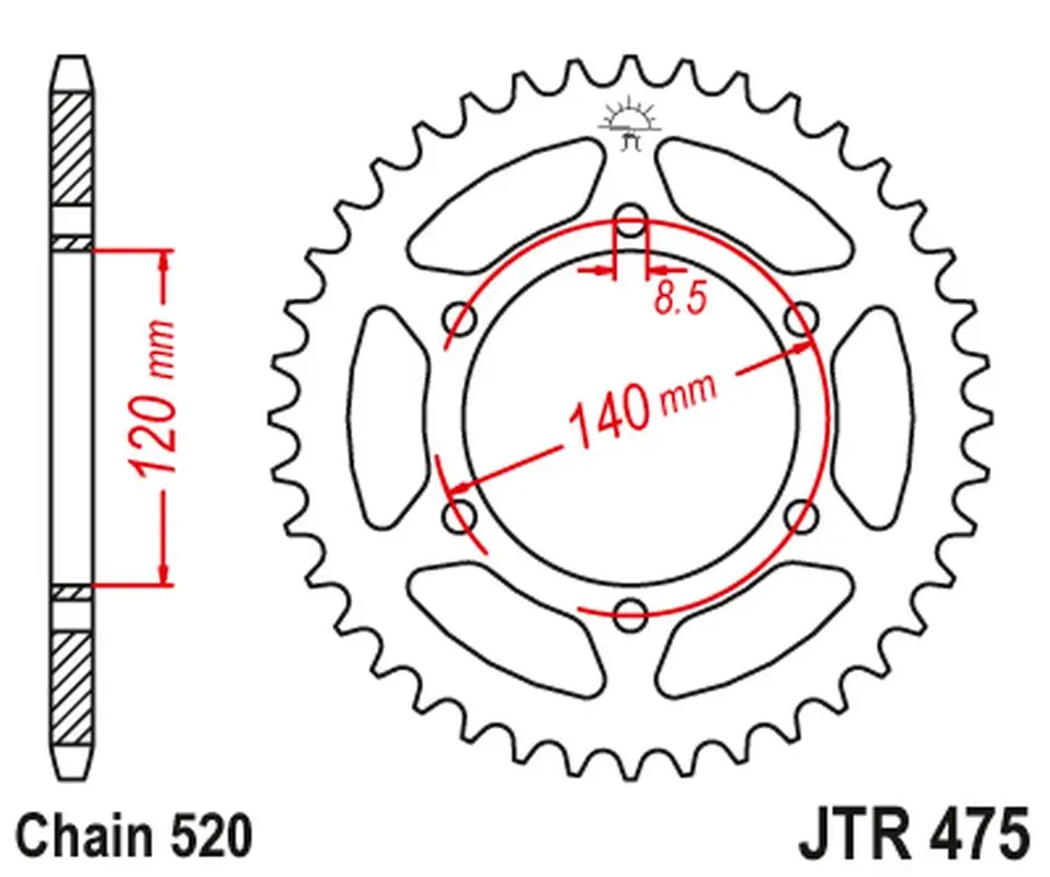 JT zadní řetězové kolečko 475 40 KAWASAKI KL 250 '79-05', KV 250 '85-86' (47540JT) (řetěz 520) (JT zadní řetězové kolečko 475 40 KAWASAKI KL 250)