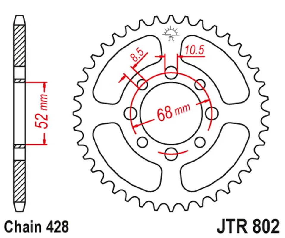 JT zadní řetězové kolečko 802 42 SUZUKI TS 80 '81-82, GT 100 '76, RM 80 '77, RV 90 '73-77, KAWASAKI KE 100 '76-81, KV 100 '77-88, G 3/4/5 '70-75