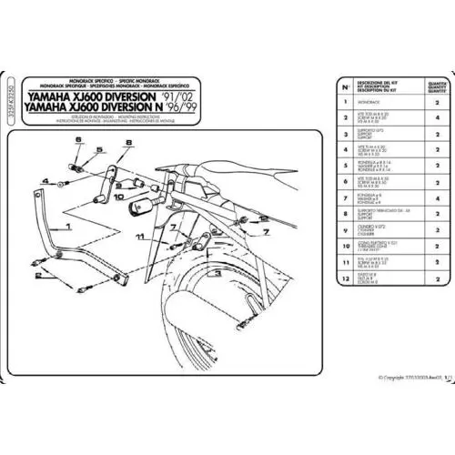 KAPPA zadní nosič kufru YAMAHA XJ 600 DIVERSION (91-03), DIVERSION N (96-99) ( bez plotny ) (KAPPA zadní nosič kufru YAMAHA XJ 600 DIVERSION (91-03),)