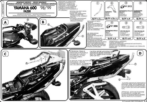 KAPPA zadní nosič kufru YAMAHA FZS 600 FAZER (98-03) ( bez plotny ) (KAPPA zadní nosič kufru YAMAHA FZS 600 FAZER (98-03) ( bez plotny ))