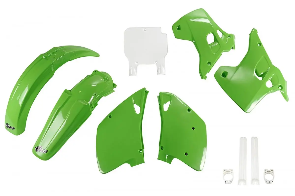 UFO kompletní sada plastů (FULL KIT) s kryty tlumičů KAWASAKI KX 125 / 250 93 barva OEM (zelená/bílá) (KA194E999) (UFO kompletní sada plastů (FULL)
