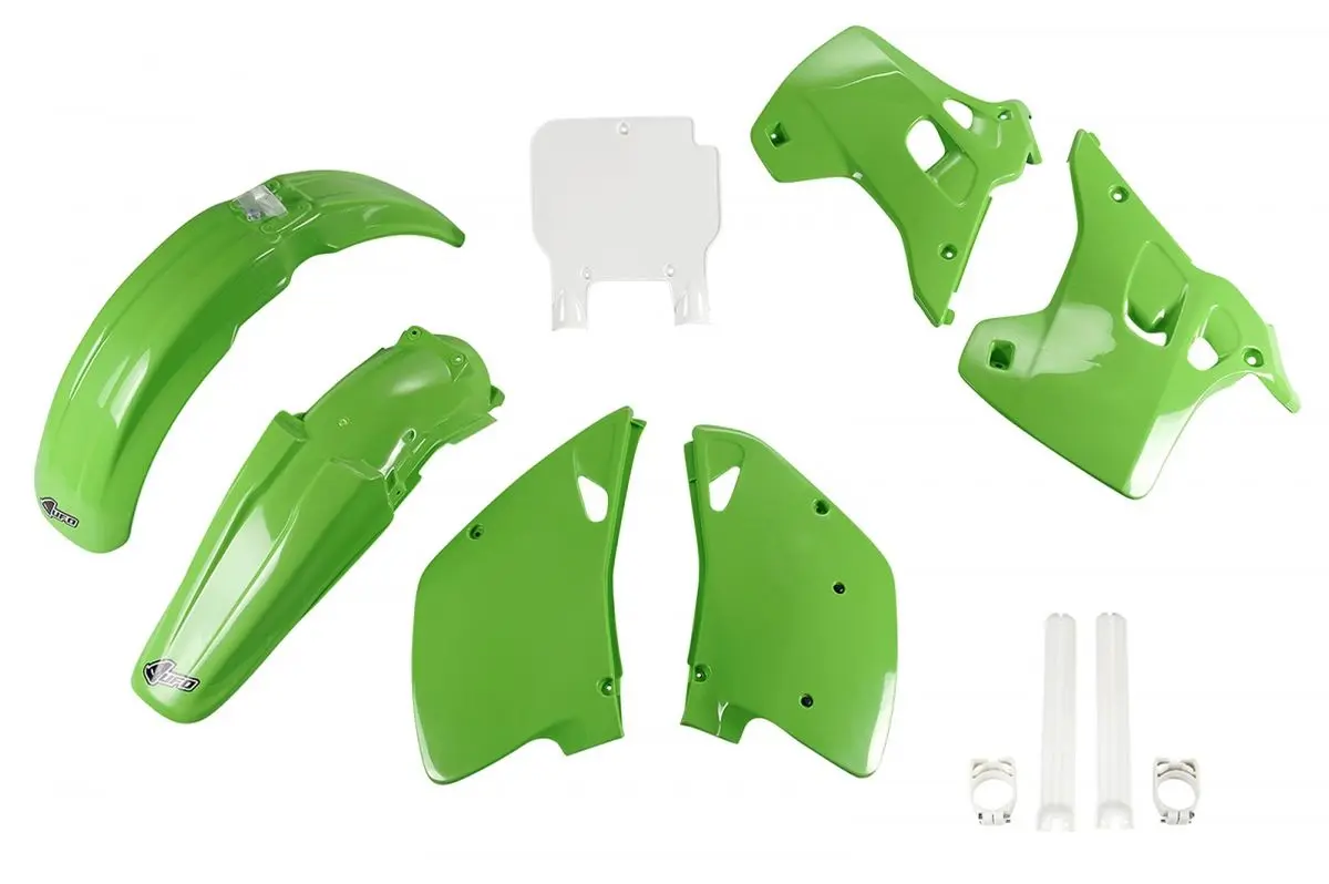 UFO kompletní sada plastů (FULL KIT) s kryty tlumičů KAWASAKI KX 125 / 250 92 barva OEM (zelená/bílá) (KA195E999) (UFO kompletní sada plastů (FULL)