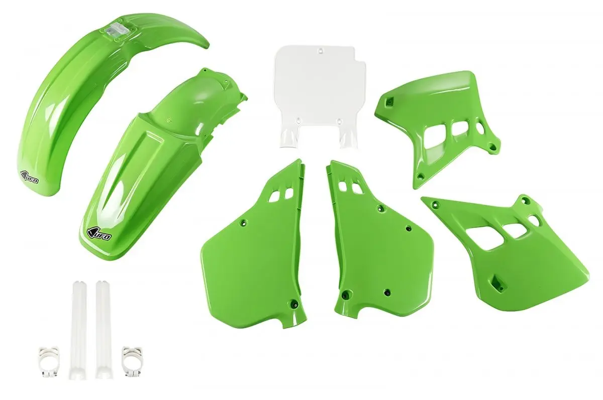 UFO kompletní sada plastů (FULL KIT) s kryty tlumičů KAWASAKI KX 125 90-91, barva OEM (zelená/bílá) (KA196E999) (UFO kompletní sada plastů (FULL KIT))