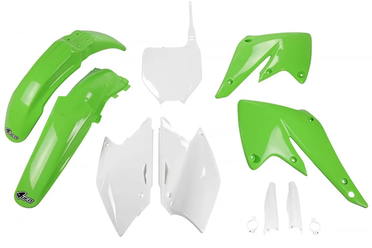 UFO kompletní sada plastů (FULL KIT) s kryty tlumičů KAWASAKI KXF 250 04-05 barva OEM (zelená/bílá) (KA203E999) (UFO kompletní sada plastů (FULL KIT))