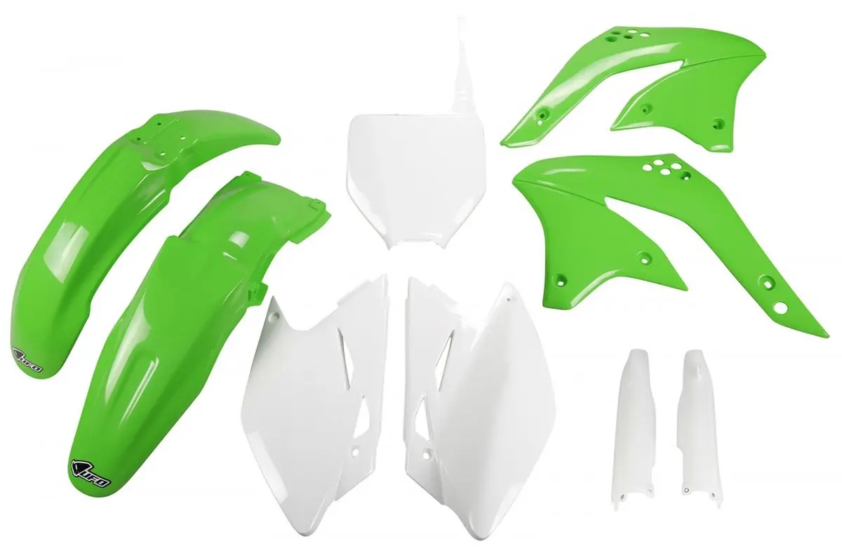 UFO kompletní sada plastů (FULL KIT) s kryty tlumičů KAWASAKI KXF 450 08 barva OEM (zelená/ bílá) (KA211E999) ( )