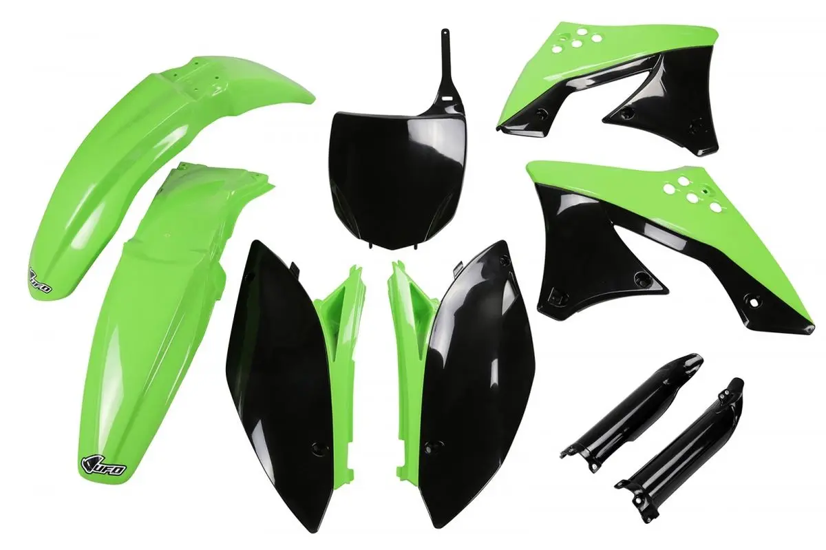 UFO kompletní sada plastů (FULL KIT) s kryty tlumičů KAWASAKI KXF 250 09- 12 barva OEM (zelená/černá) (KA212E999) (UFO kompletní sada plastů (FULL)