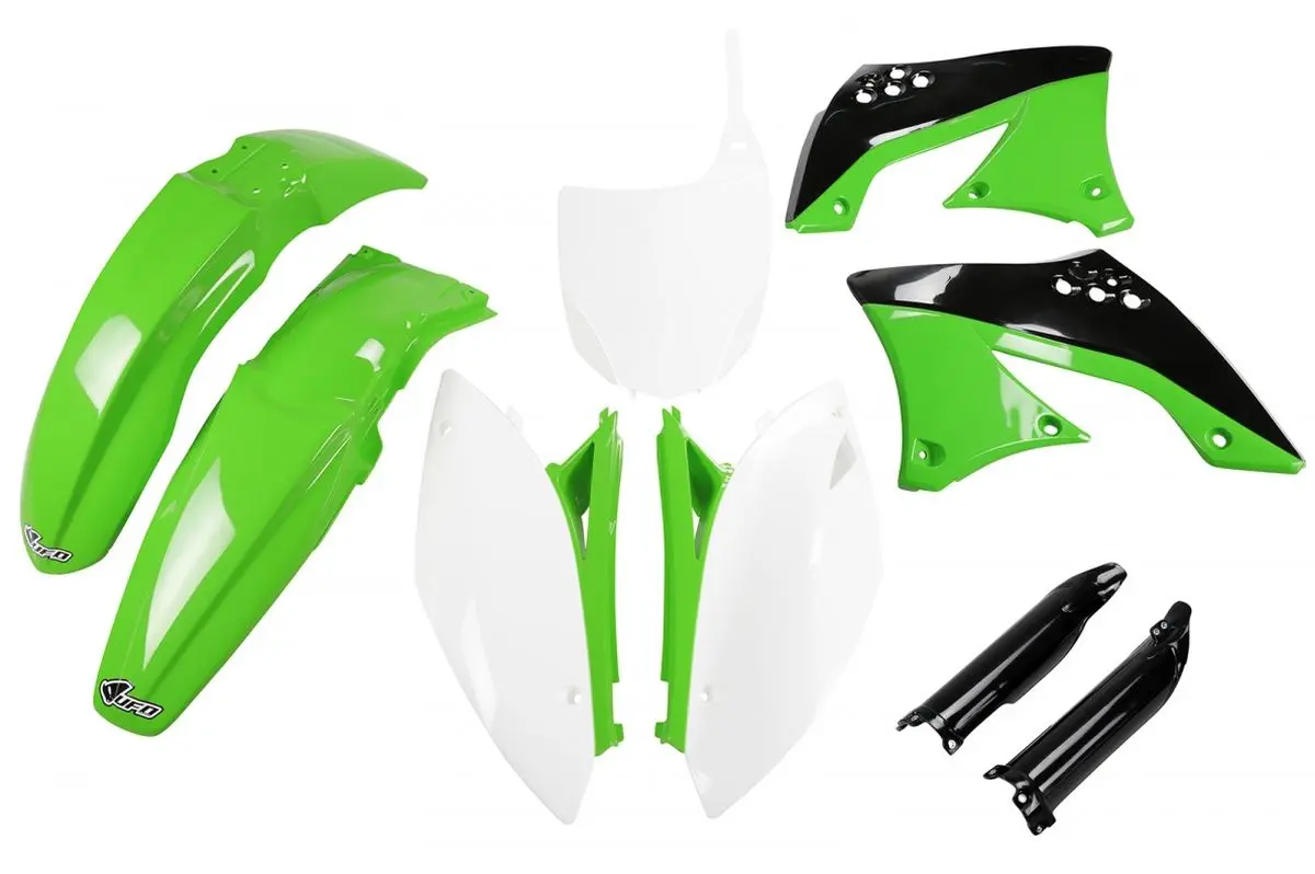 UFO kompletní sada plastů (FULL KIT) s kryty tlumičů KAWASAKI KXF 450 09-11 barva OEM 10-11 (zelená/bílá/černá) (KA216E999) (UFO kompletní sada)