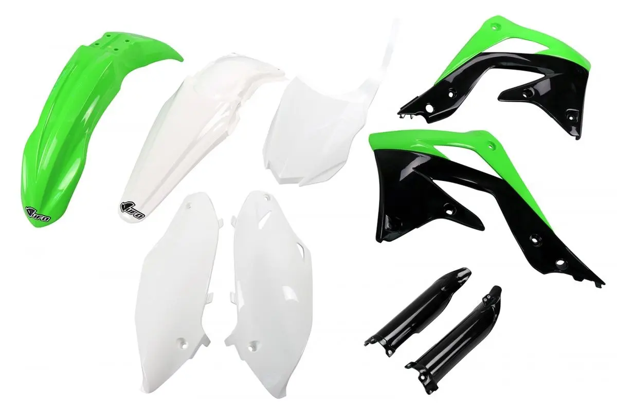 UFO kompletní sada plastů (FULL KIT) s kryty tlumičů KAWASAKI KXF 450 13-15 barva OEM (zelená/bílá/černá) (KA220E999) ( )
