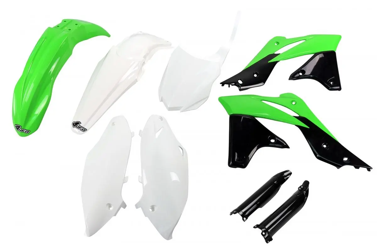 UFO kompletní sada plastů (FULL KIT) s kryty tlumičů KAWASAKI KXF 250 13-16 barva OEM 14-15 (zelená/bílá/černá) (KA221E999) (UFO kompletní sada)