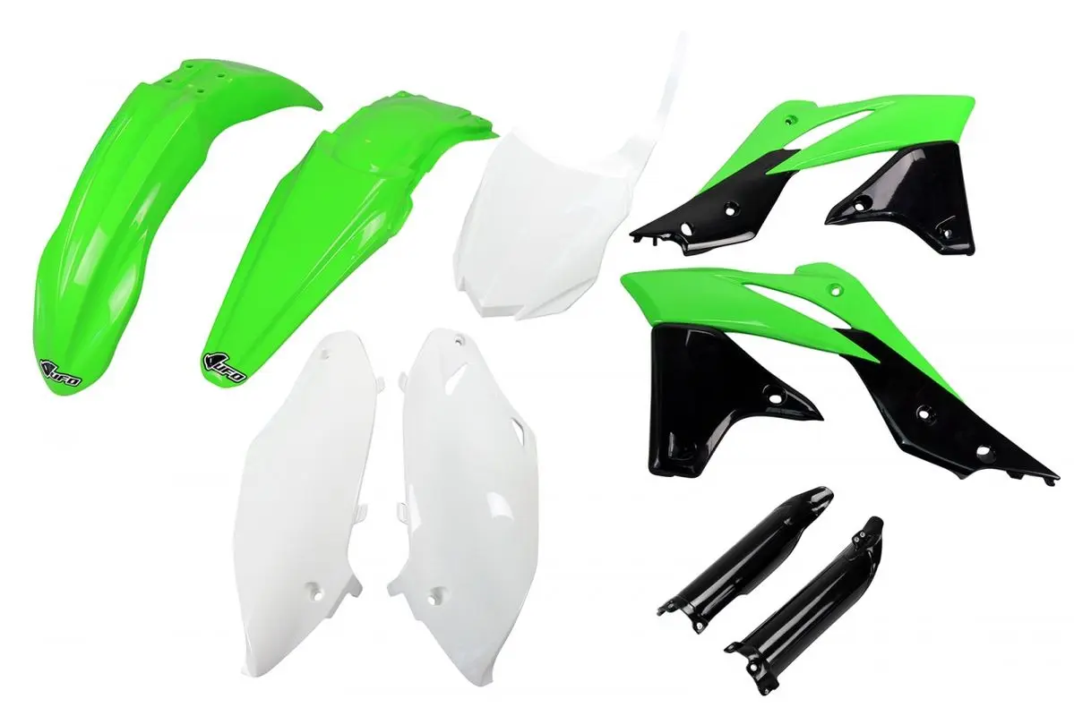 UFO kompletní sada plastů (FULL KIT) s kryty tlumičů KAWASAKI KXF 250 13-16 barva OEM 16 (zelená/bílá/černá)(KA221E999A) (UFO kompletní sada plastů)