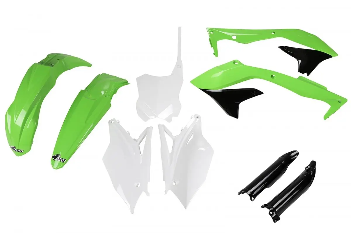 UFO kompletní sada plastů (FULL KIT) s kryty tlumičů KAWASAKI KXF 450 16-17 barva OEM (zelená/bílá/černá) (KA223E999) (UFO kompletní sada plastů)