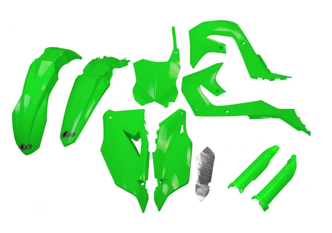 UFO kompletní sada plastů (FULL KIT) s kryty tlumičů KAWASAKI KXF 250 21-24, KXF 450 19-23 barva zelená (UFO kompletní sada plastů (FULL KIT) s kryty)