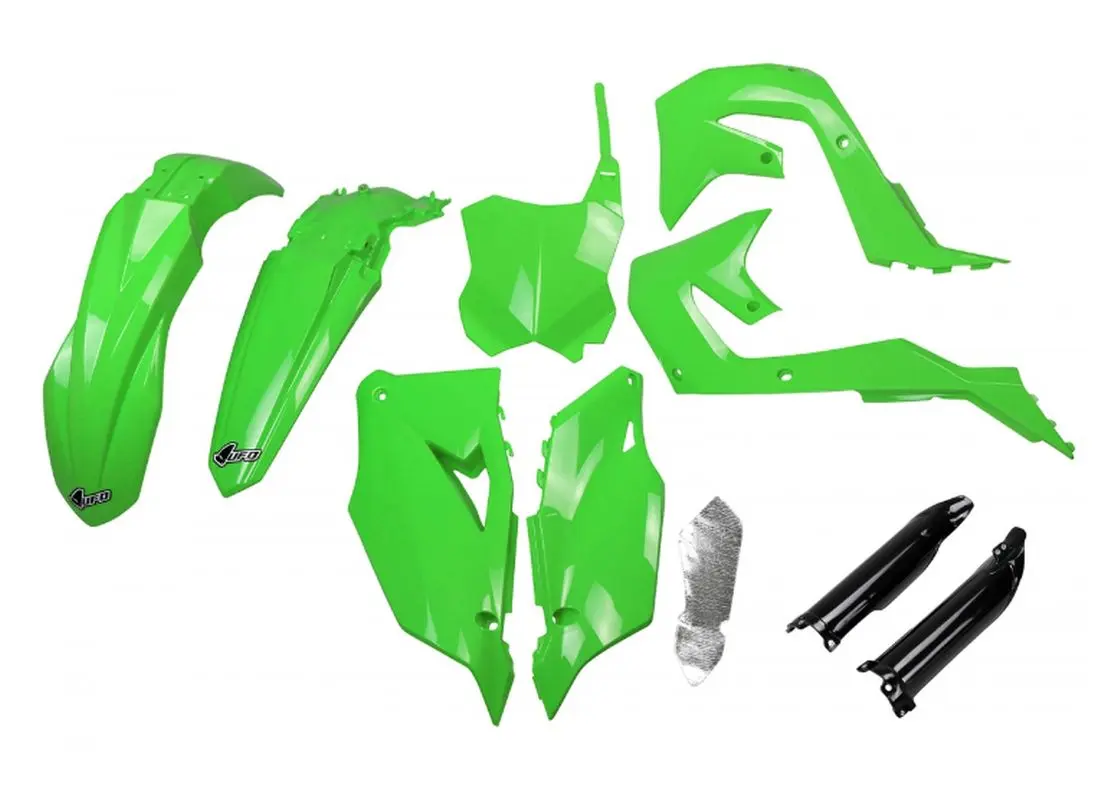 UFO kompletní sada plastů (FULL KIT) s kryty tlumičů KAWASAKI KXF 250 21-24, KXF 450 19-23 barva OEM zelená černá ( )