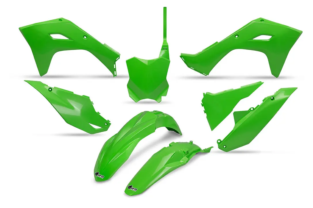UFO kompletní sada plastů KAWASAKI KXF 250 25, KXF 450 24-26, KX 450X 24-26 barva OEM zelená (UFO kompletní sada plastů KAWASAKI KXF 250 25, KXF 450)