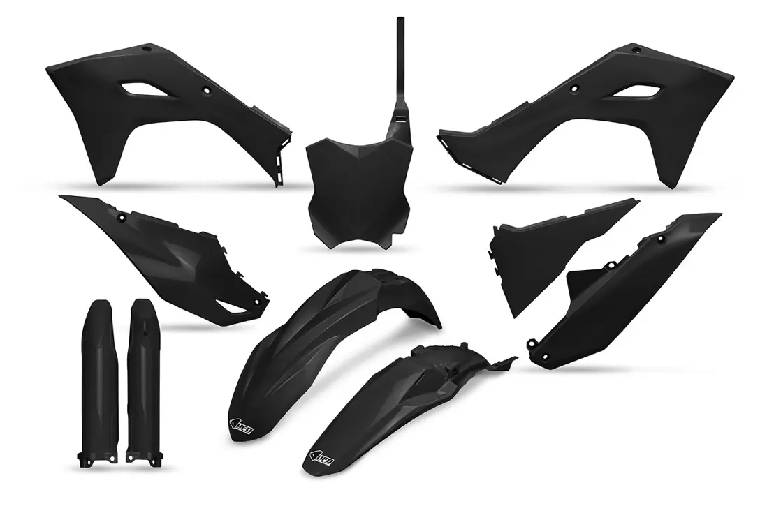UFO kompletní sada plastů (FULL KIT) s kryty tlumičů KAWASAKI KXF 250 25, KXF 450 24-26, KX 450X 24-26 barva černá (UFO kompletní sada plastů (FULL)