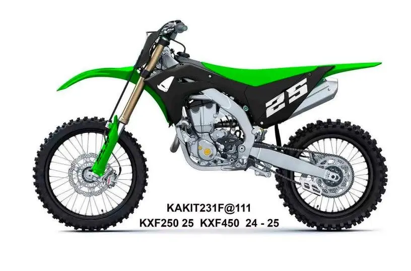 UFO kompletní sada plastů (FULL KIT) s kryty tlumičů KAWASAKI KXF 250 25, KXF 450 24-26, KX 450X 24-26 barva černá / zelená (UFO kompletní sada)