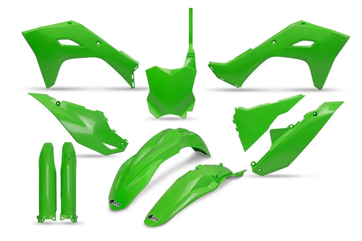 UFO kompletní sada plastů (FULL KIT) s kryty tlumičů KAWASAKI KXF 250 25, KXF 450 24-26, KX 450X 24-26 barva OEM zelená (UFO kompletní sada plastů)