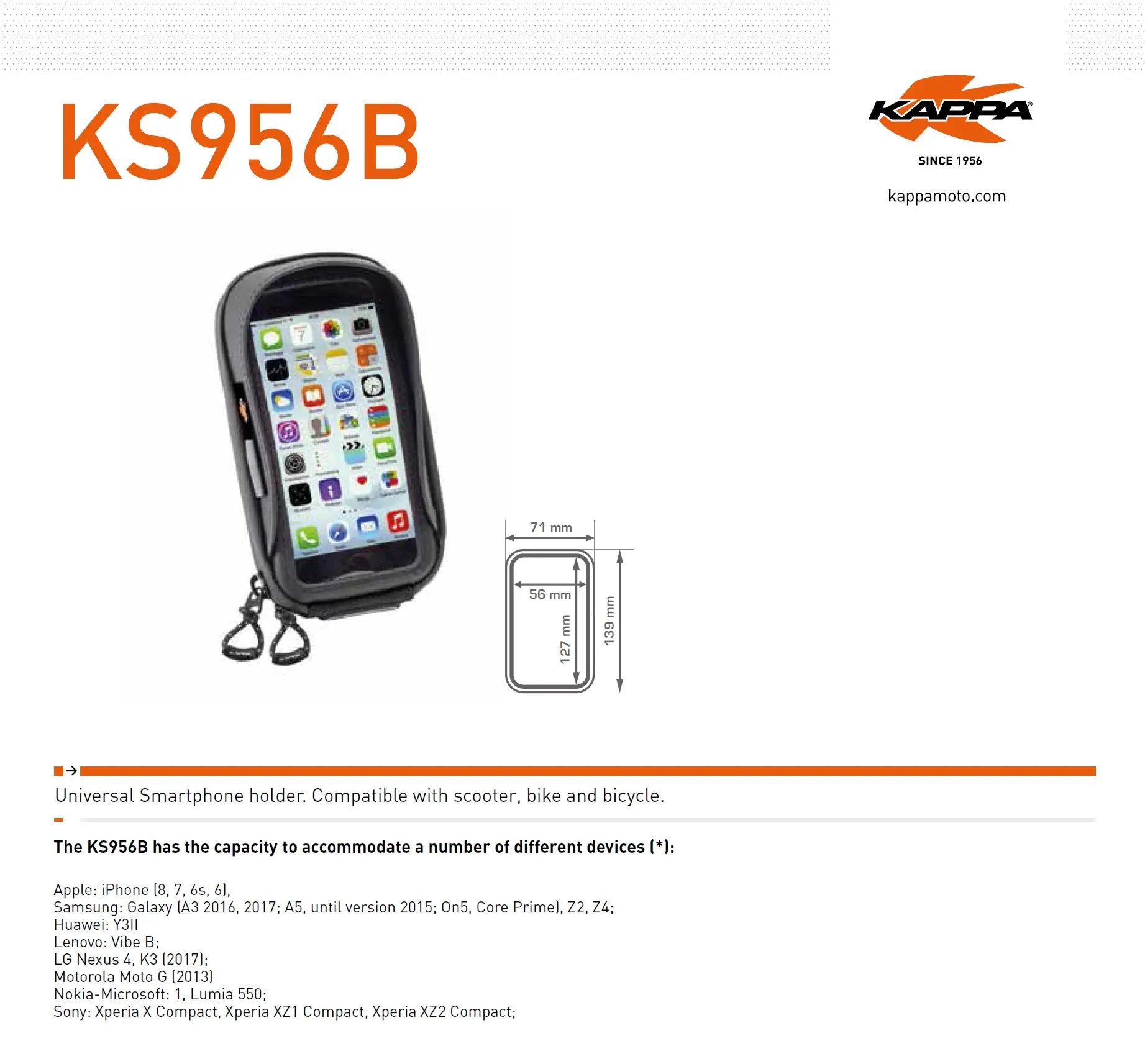 KAPPA brašna na GPS / smartphone IPHONE 6/6S/7/8 SAMSUNG GALAXY NOKIA/MICROSOFT SONY XPERIA s upevněním na řídítka a zrcátko - výprodej (KAPPA brašna)