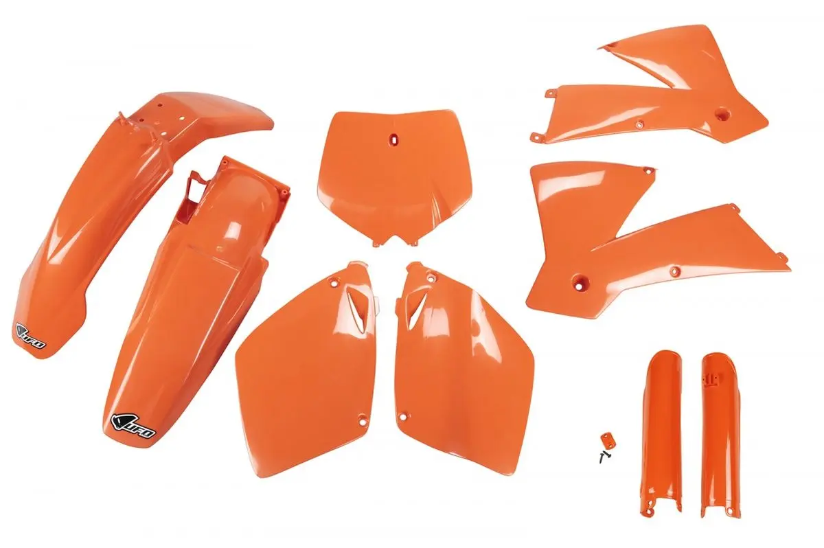 UFO kompletní sada plastů (FULL KIT) s kryty tlumičů KTM SX-SXF 01-02 barva oranžová (KT501E127) (UFO kompletní sada plastů (FULL KIT) s kryty)