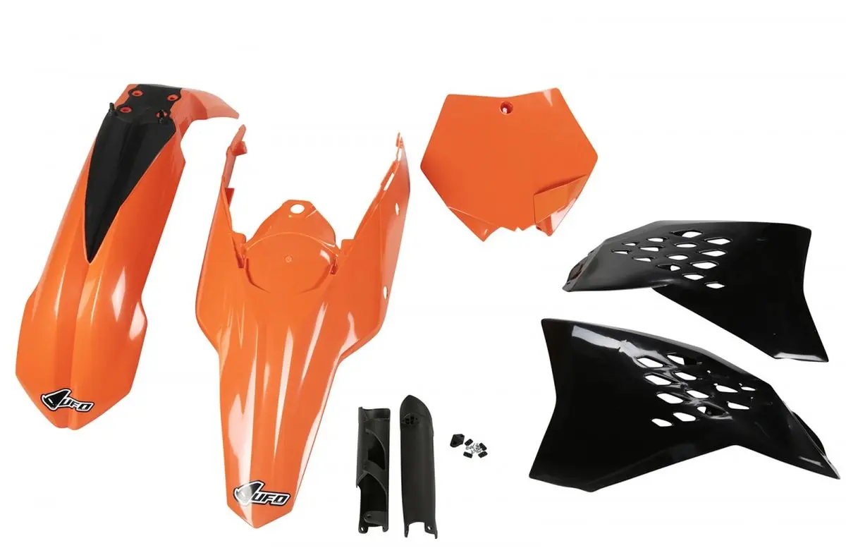 UFO kompletní sada plastů (FULL KIT) s kryty tlumičů KTM SX/SXF 07-10 barva OEM (oranžová/černá) (KT506E999) (UFO kompletní sada plastů (FULL KIT) s)