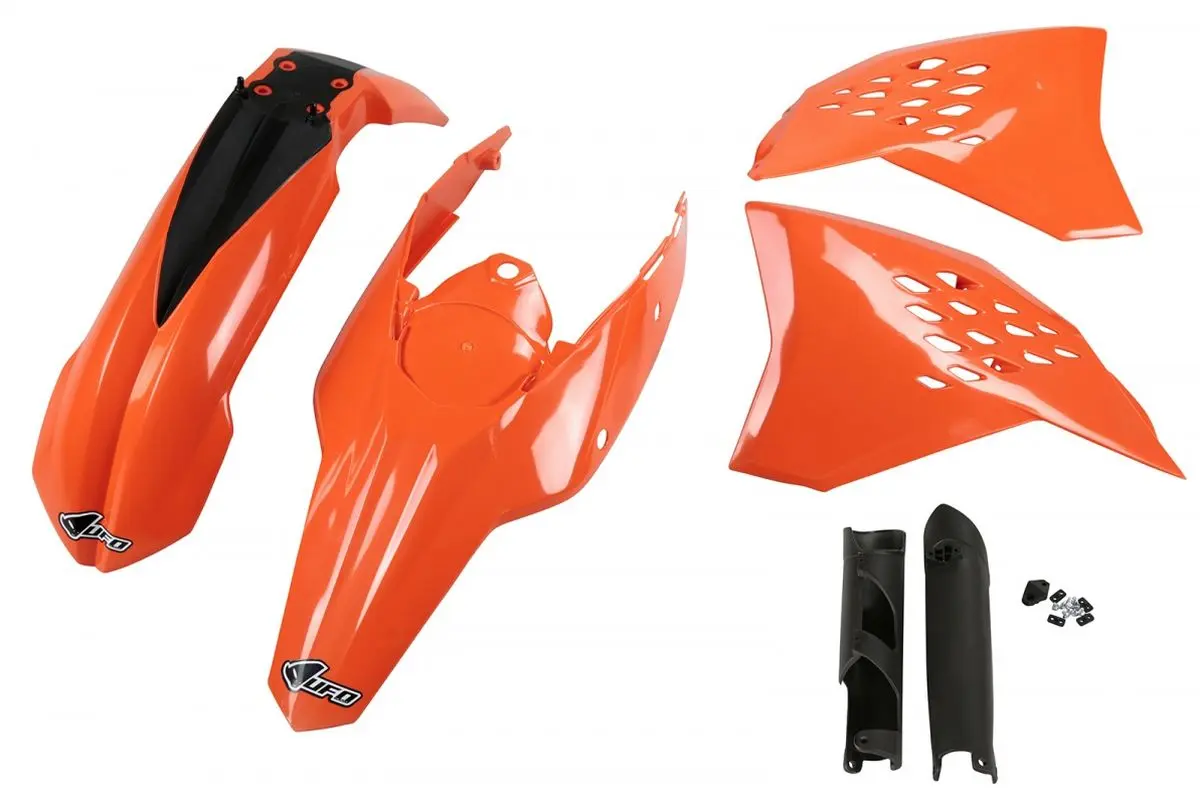 UFO kompletní sada plastů (FULL KIT) s kryty tlumičů KTM EXC 09-10 barva OEM (oranžová) (KT511E999) (UFO kompletní sada plastů (FULL KIT) s kryty)