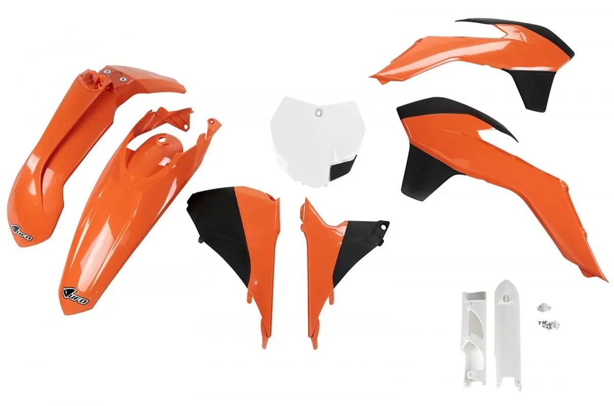 UFO kompletní sada plastů (FULL KIT) s kryty tlumičů KTM SX/SXF 13-15, SX 250 16, barva OEM 13-14 (oranžová/černá/bílá) (KT515E999) (UFO kompletní)