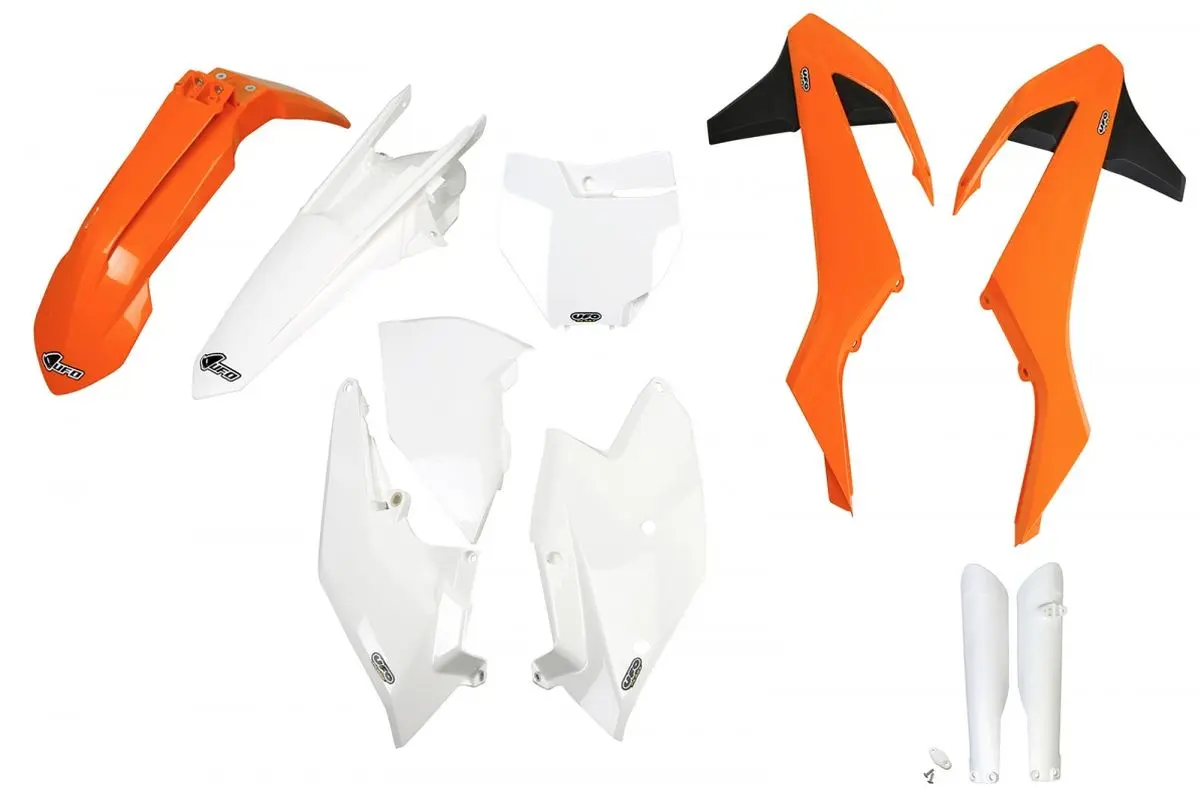 UFO kompletní sada plastů (FULL KIT) s kryty tlumičů KTM SX/SXF 16-18 (kromě SX 250 16), barva OEM 16 (oranžová/bílá) (KT517E999) (UFO kompletní sada)