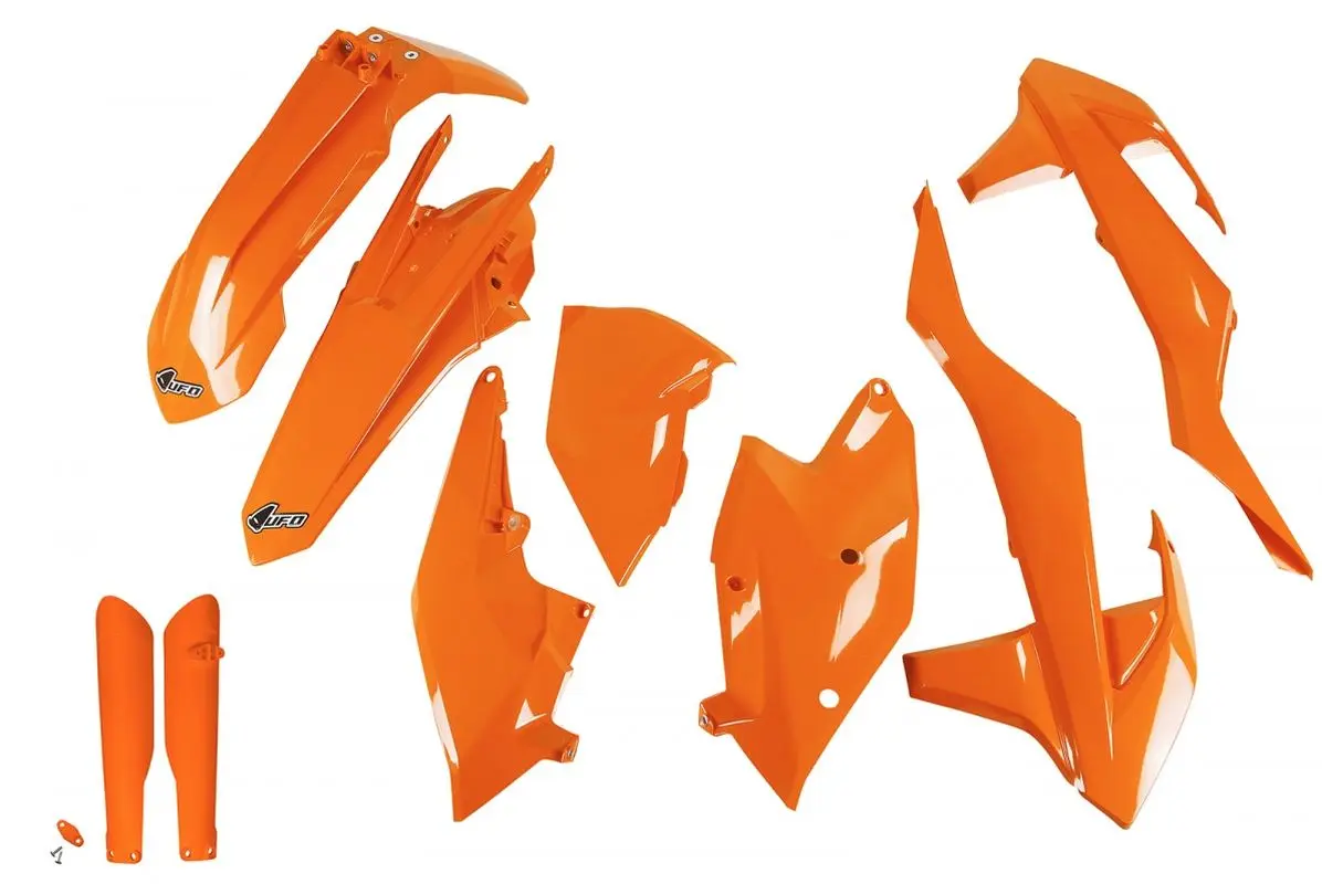UFO kompletní sada plastů (FULL KIT) s kryty tlumičů KTM EXC/EXC-F TPI 17-19, barva oranžová (KT518E127) (UFO kompletní sada plastů (FULL KIT) s)
