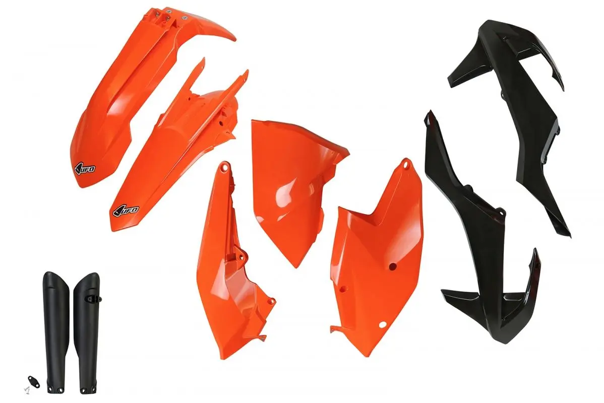 UFO kompletní sada plastů (FULL KIT) s kryty tlumičů KTM EXC/EXC-F TPI 17-19, barva OEM 17 i 19 (oranžová/černá) (KT518E999) (UFO kompletní sada)