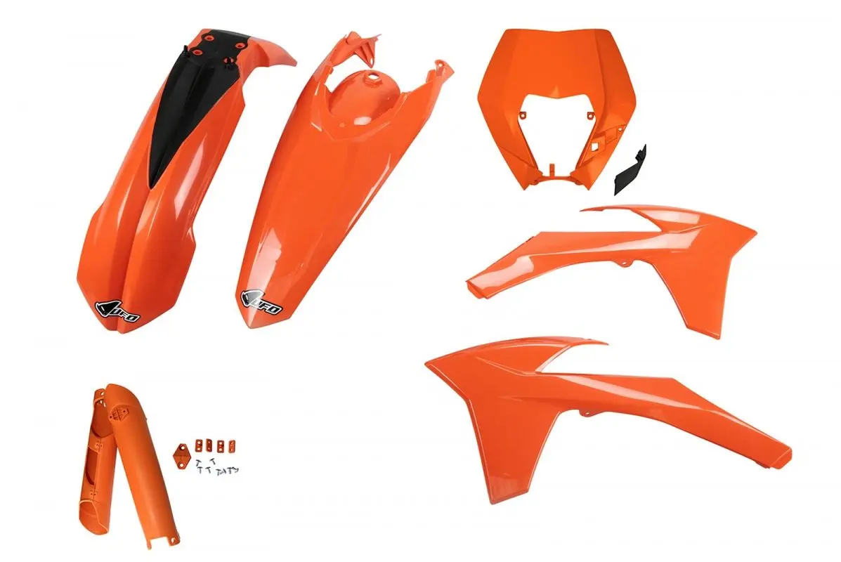 UFO kompletní sada plastů (FULL KIT) s kryty tlumičů KTM EXC/EXC-F 12-13 barva oranžová (KT521E127) (UFO kompletní sada plastů (FULL KIT) s kryty)