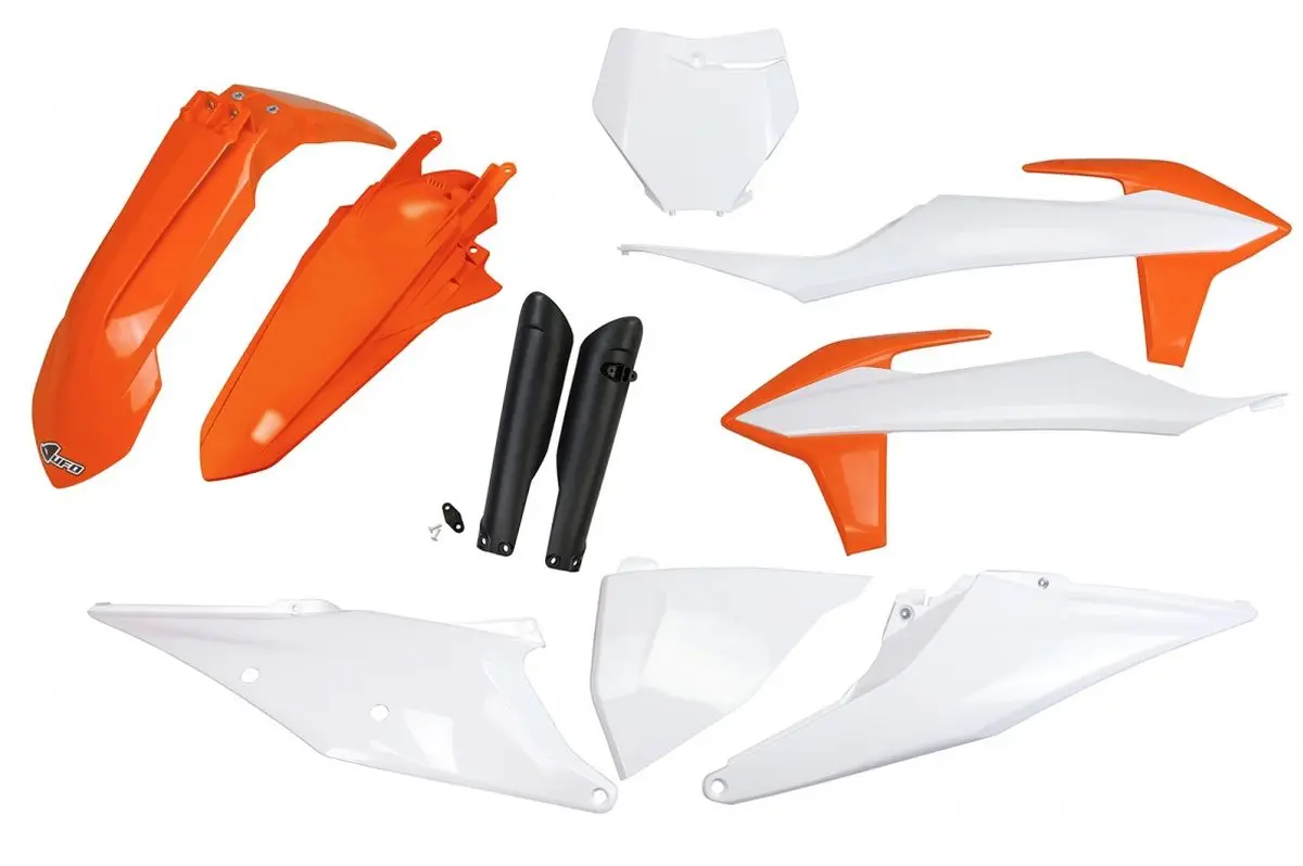 UFO kompletní sada plastů (FULL KIT) s kryty tlumičů KTM SX 125/150/250 19-22, SXF (SX-F) 250/350/450 19-22 barva OEM 21 (bílá/oranžová) (UFO)