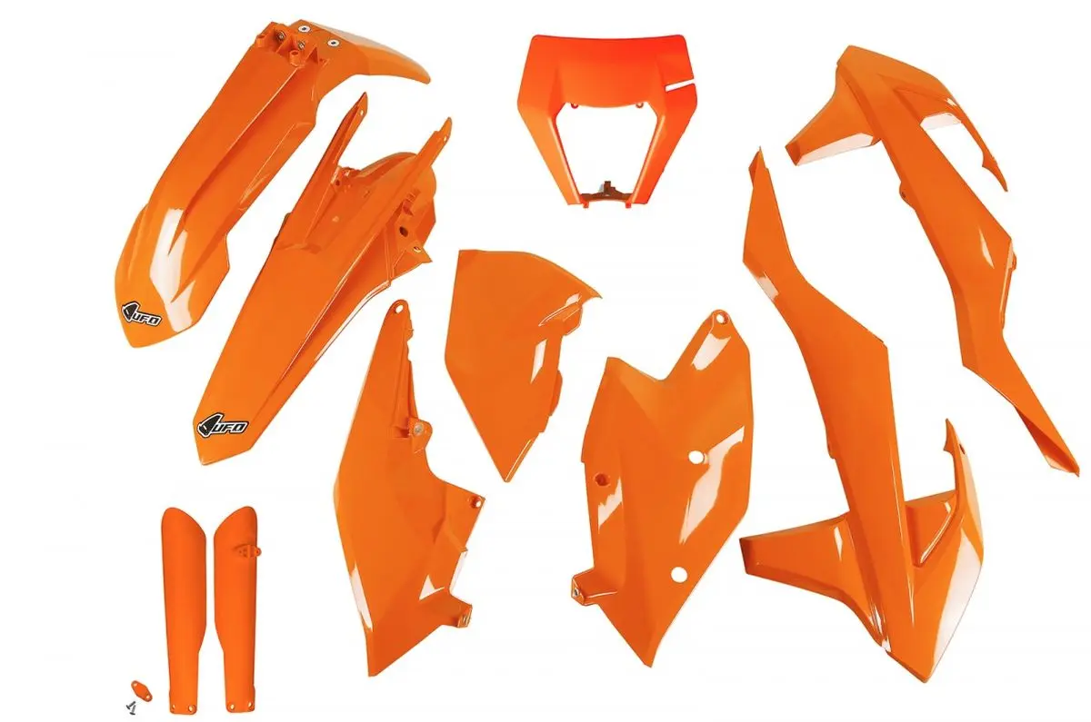 UFO kompletní sada plastů (FULL KIT) s kryty tlumičů KTM EXC/EXC-F TPI 17-19 s krytem světla barva oranžová (KT523E127) ( )