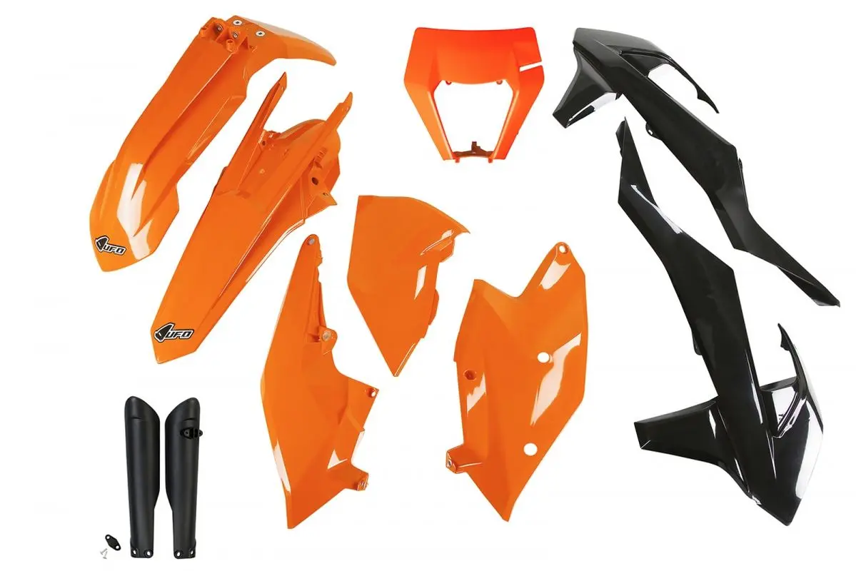 UFO kompletní sada plastů (FULL KIT) s kryty přední vidlice KTM EXC/EXC-F TPI 17-19 s krytem světla barva OEM (oranžová/černá) (KT523E999) (UFO)