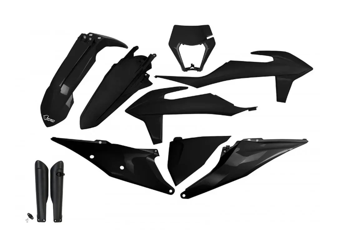 UFO kompletní sada plastů (FULL KIT) s kryty tlumičů KTM EXC 125 20-21, EXC 250 / 300 TPI 20-23, EXC-F 250 / 350 / 450 / 500 20-23 barva černá ( )