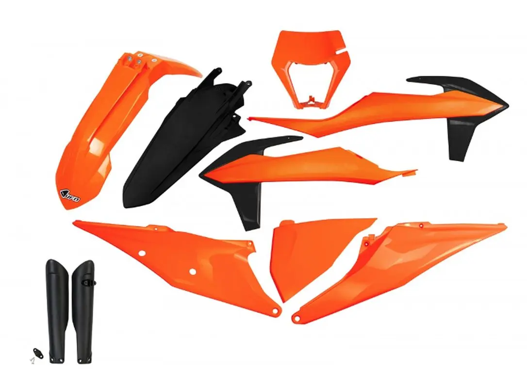 UFO kompletní sada plastů (FULL KIT) s kryty tlumičů KTM EXC 125 20-21, EXC 250 / 300 TPI 20-23, EXC-F 250 / 350 / 450 / 500 20-23 barva OEM oranžová