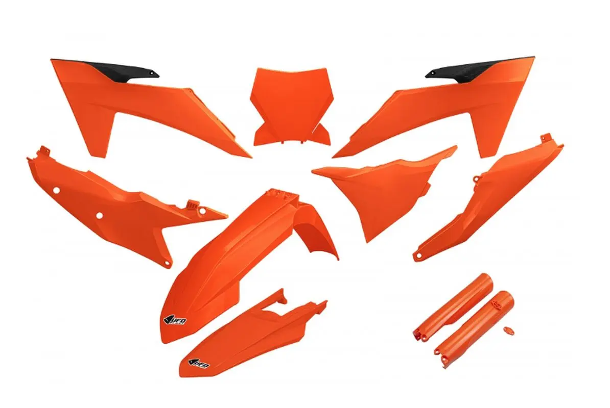 UFO kompletní sada plastů (FULL KIT) s kryty tlumičů KTM SX 125 / 250 / 300 TBI 23-24, SX-F 250 / 350 / 450 23-24 barva oranžová (UFO kompletní sada)