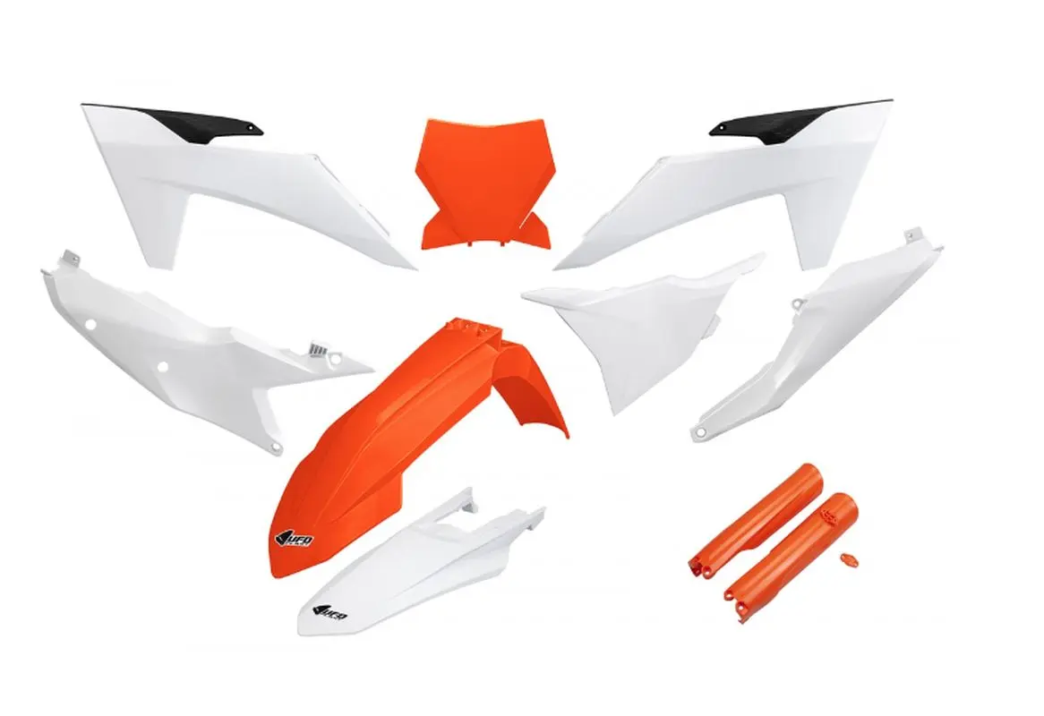 UFO kompletní sada plastů (FULL KIT) s kryty tlumičů KTM SX 125 / 250 / 300 TBI 23-24, SX-F 250 / 350 / 450 23-24 barva OEM oranžová bílá (UFO)
