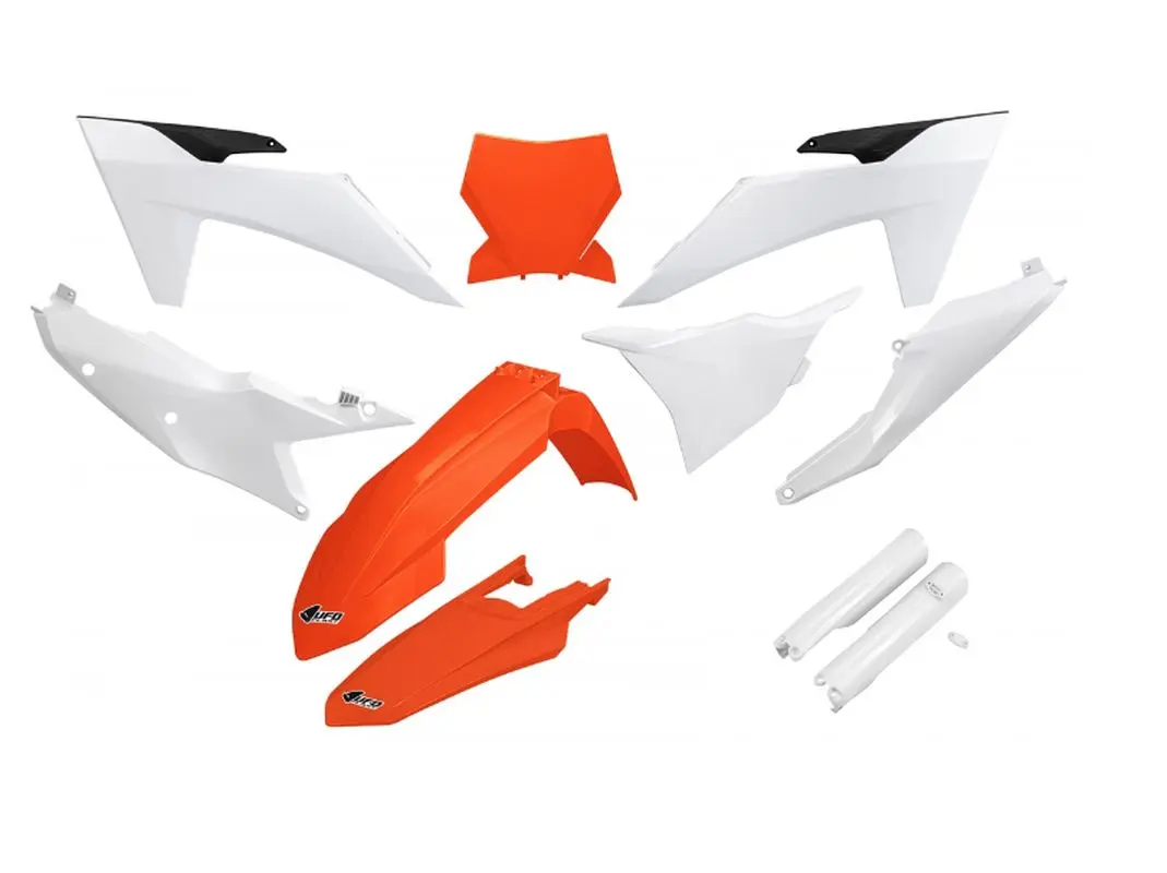 UFO kompletní sada plastů (FULL KIT) s kryty tlumičů KTM SX 125 / 250 / 300 TBI 23-24, SX-F 250 / 350 / 450 23-24 barva OEM bílá oranžová (UFO)