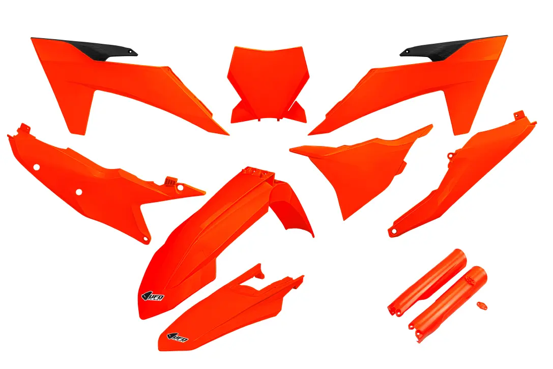 UFO kompletní sada plastů (FULL KIT) s kryty tlumičů KTM SX 125 / 250 / 300 TBI 23-24, SX-F 250 / 350 / 450 23-24 barva oranžová fluorescenční (UFO)