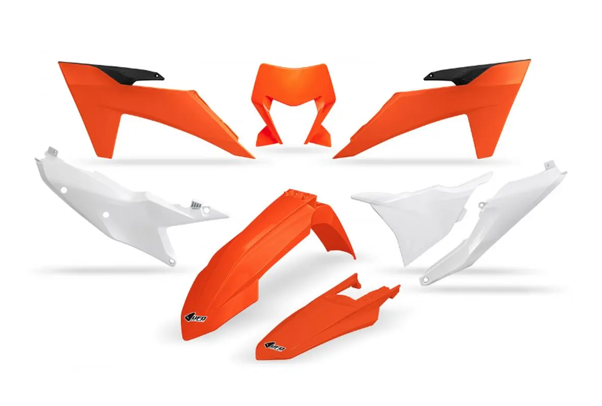 UFO kompletní sada plastů KTM EXC 150 / 250 / 300 TBI 24-25, EXC-F 250 / 350 / 450 / 500 24-25 barva OEM oranžová bílá (UFO kompletní sada plastů KTM)