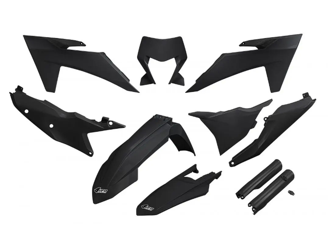 UFO kompletní sada plastů (FULL KIT) s kryty tlumičů KTM EXC 150 / 250 / 300 TBI 24-25, EXC-F 250 / 350 / 450 / 500 24-25 barva černá (UFO kompletní)