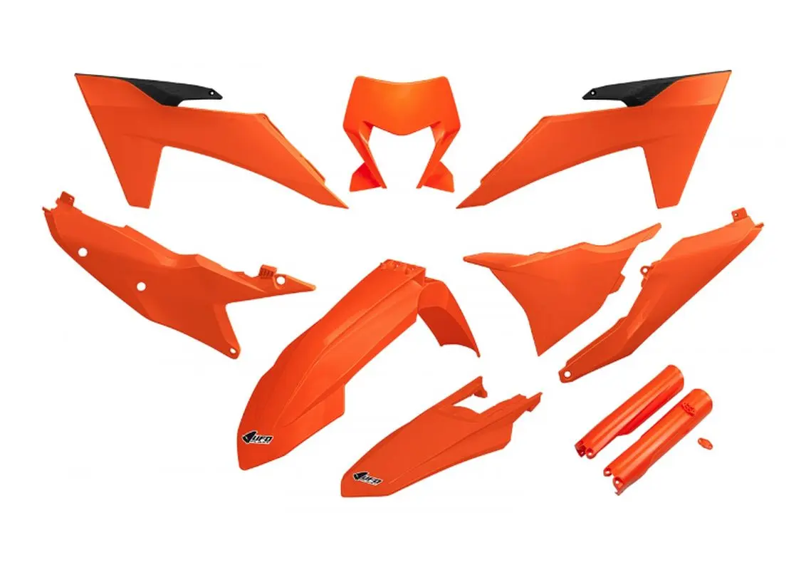 UFO kompletní sada plastů (FULL KIT) s kryty tlumičů KTM EXC 150 / 250 / 300 TBI 24-25, EXC-F 250 / 350 / 450 / 500 24-25 barva oranžová ( )