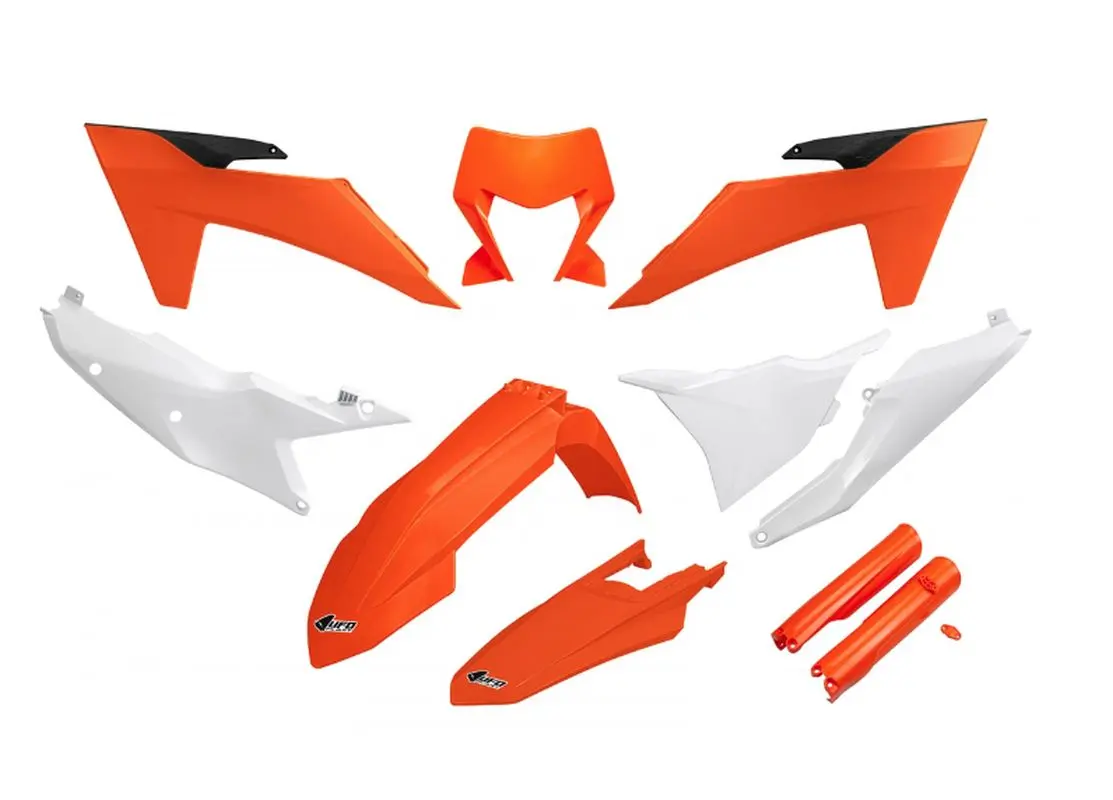 UFO kompletní sada plastů (FULL KIT) s kryty tlumičů KTM EXC 150 / 250 / 300 TBI 24-25, EXC-F 250 / 350 / 450 / 500 24-25 barva OEM oranžová bílá ( )