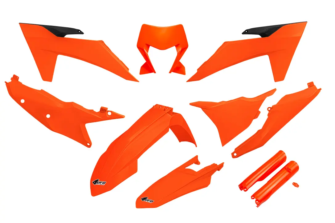 UFO kompletní sada plastů (FULL KIT) s kryty tlumičů KTM EXC 150 / 250 / 300 TBI 24-25, EXC-F 250 / 350 / 450 / 500 24-25 barva oranžová fluorescenční