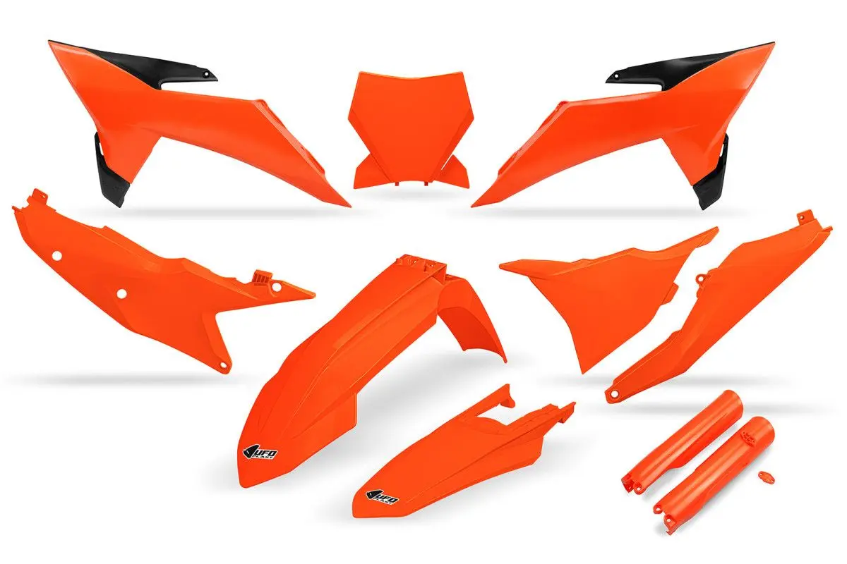 UFO kompletní sada plastů (FULL KIT) s kryty tlumičů KTM SX 125 / 150 / 250 / 300 25-26, SXF (SX-F) 250 / 350 / 450 25-26 barva oranžová fluorescenční